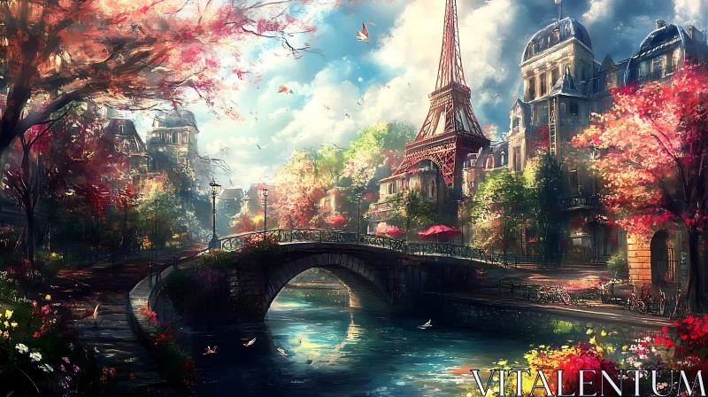 Paris in Spring: Eiffel Tower with Blooming Flowers and River AI Image