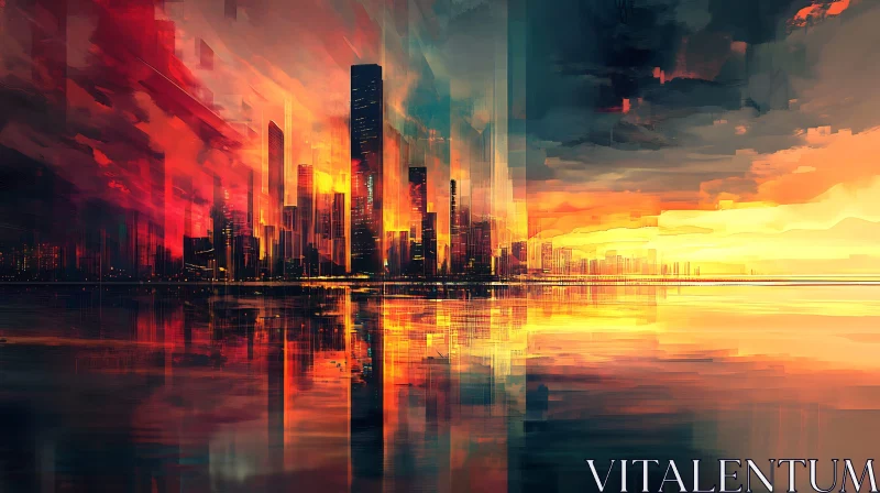 Modern Metropolis Under Fiery Sunset AI Image