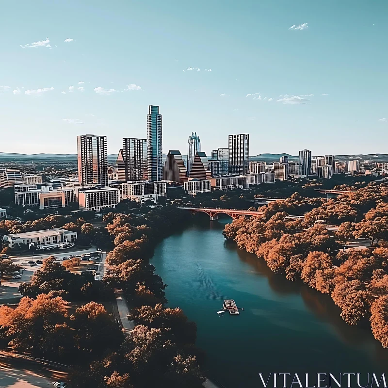 Urban Skyline with River and Greenery AI Image