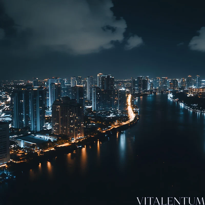 Urban Nightscape with City Lights Reflecting on River AI Image