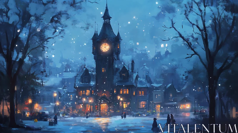 Enchanting Winter Scene in a Snow-Covered Village AI Image