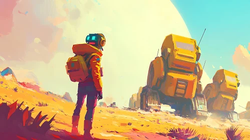 Lone Space Traveler Amidst Desert Robots