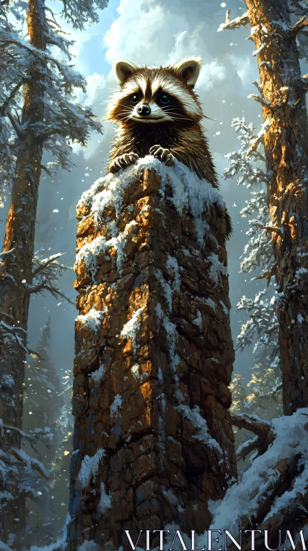 AI ART Raccoon on Snowy Rock