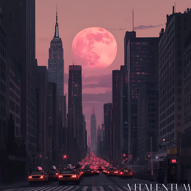 AI ART Urban Sunset with Dominant Moon and Bustling City Lights