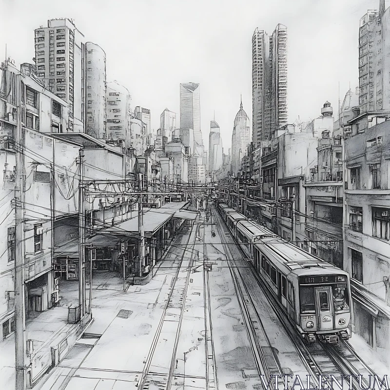 Detailed Urban Sketch with Skyscrapers and Train AI Image