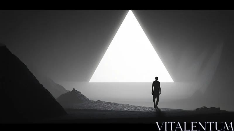 Mystical Silhouette Approaching Luminous Triangle AI Image