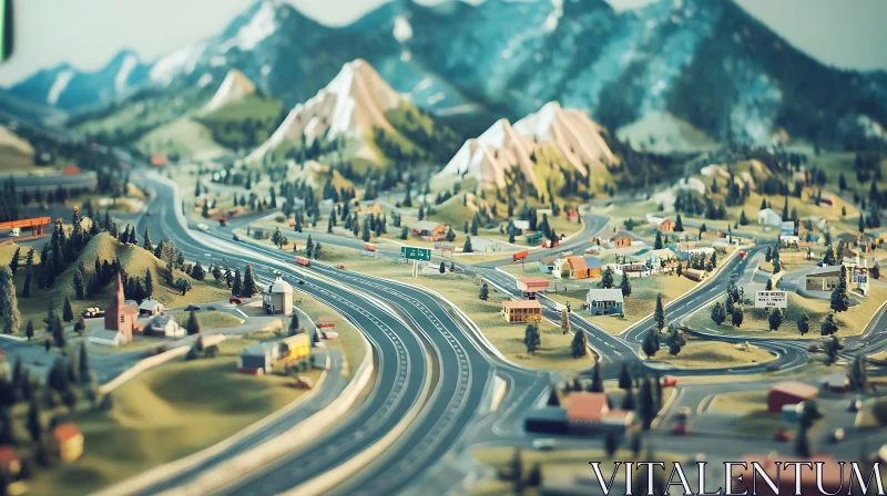 AI ART Mountain Town Miniature with Highways