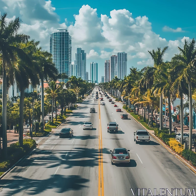 Bustling City Avenue with Skyscrapers and Palm Trees AI Image