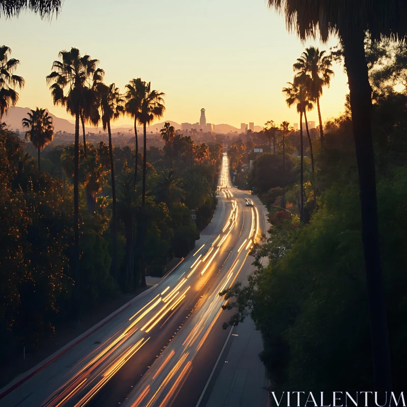 Enchanting Sunset Over City Street with Palm Trees AI Image