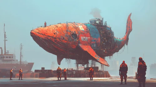 Colossal Steampunk Whale at Industrial Dock