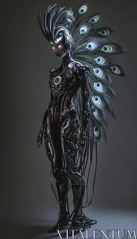 Cyborg Adorned with Peacock Feathers AI Image