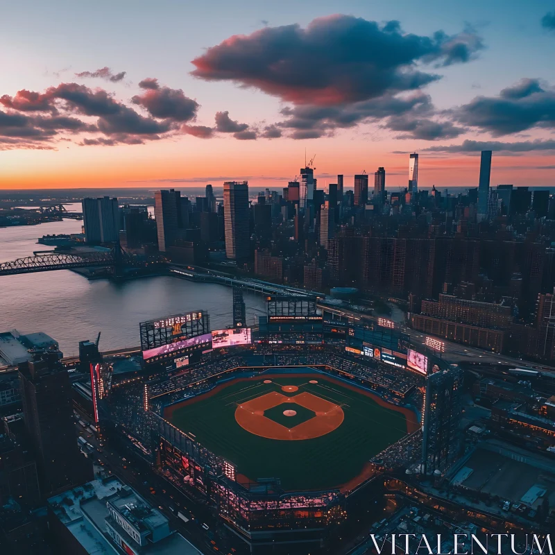 Sunset Over City with Illuminated Baseball Stadium AI Image