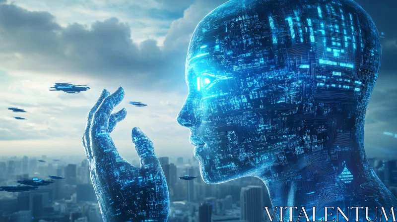 Cyborg with Blue Circuitry in a Futuristic Urban Setting AI Image