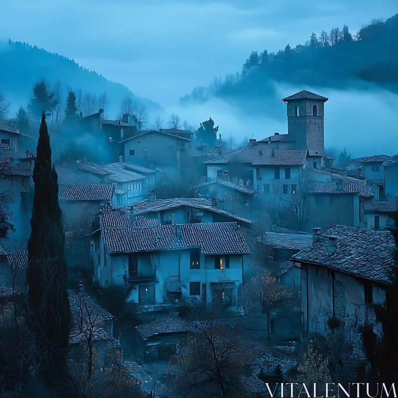 Fog-Draped Ancient Village AI Image