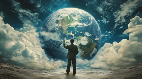 Human Contemplation of Earth Surrounded by Clouds