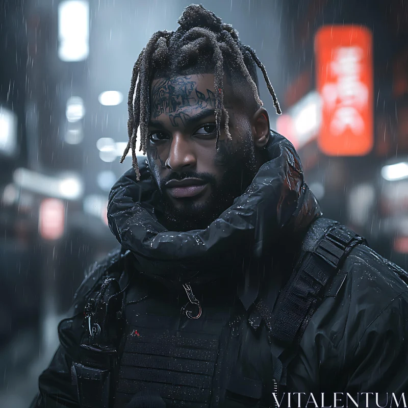 Futuristic Urban Portrait in Rain AI Image