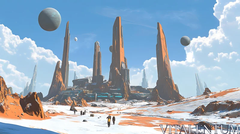 Sci-Fi Landscape with Planets and Monumental Architecture AI Image