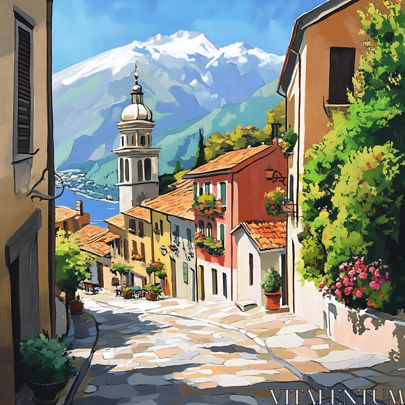 Picturesque Village with Mountain Backdrop and Vibrant Buildings AI Image