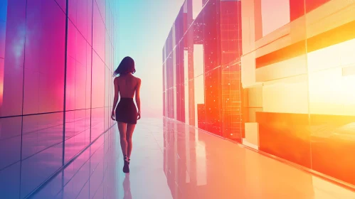 Urban Futuristic Woman in Neon Corridor