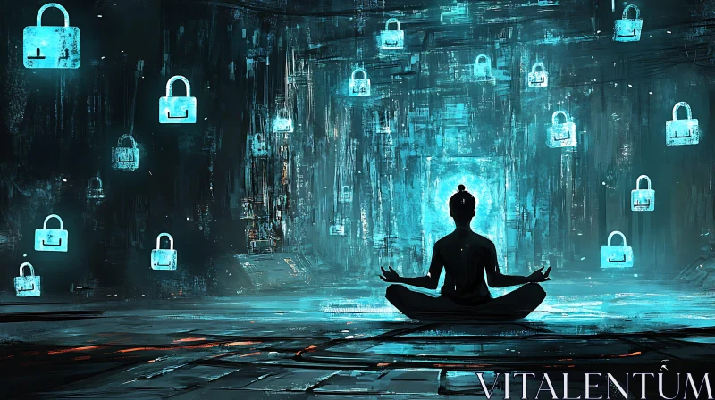 Cyber Locks Illuminating Meditative Focus AI Image