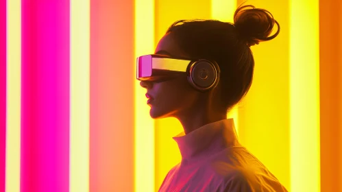 Woman in VR Headset Against Neon Stripes