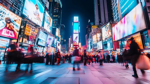 Urban Night Scene with Bright Billboards and Crowded Streets