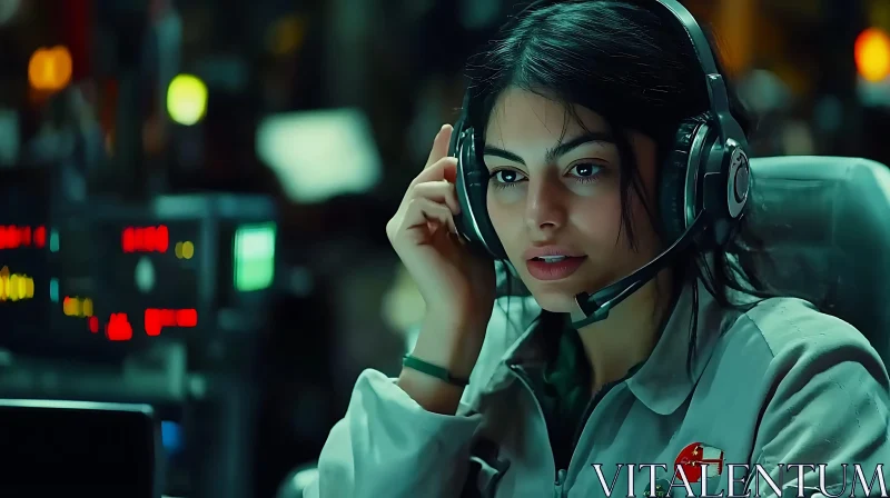 Woman Communicating in High-Tech Control Room AI Image