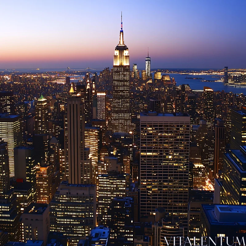 AI ART Urban Skyline at Dusk with Illuminated Skyscrapers