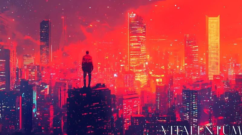 Neon Lit Futuristic City with Silhouetted Figure AI Image