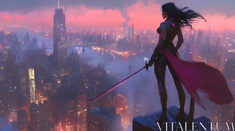 Heroine Overlooking Cyberpunk City AI Image