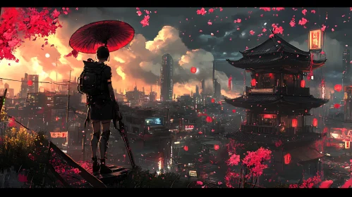 Cyberpunk Samurai Overlooking Neon City