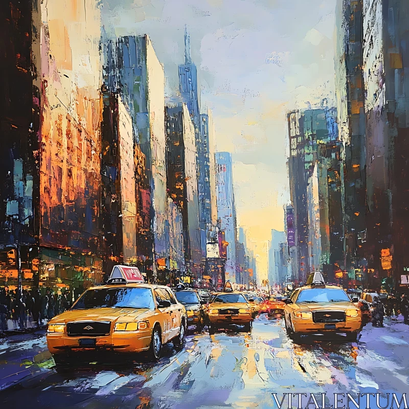 AI ART Urban Street Scene with Yellow Cabs and High-Rises