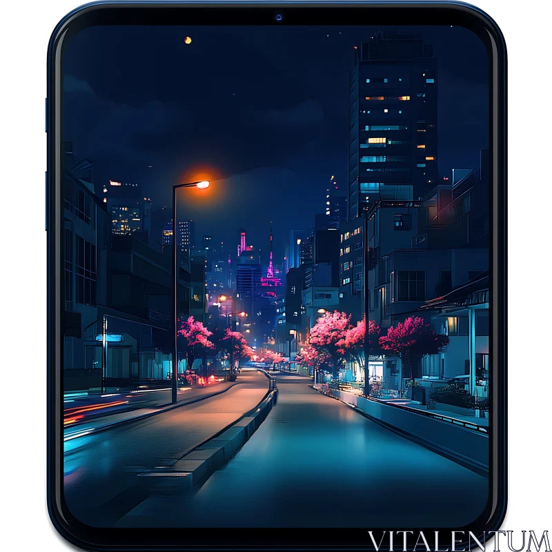 Urban Night Scene with Skyscrapers and Neon Trees AI Image