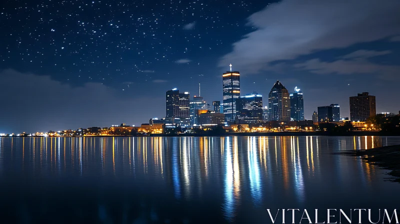 Illuminated Skyscrapers and Starry Sky Over City Waterfront AI Image