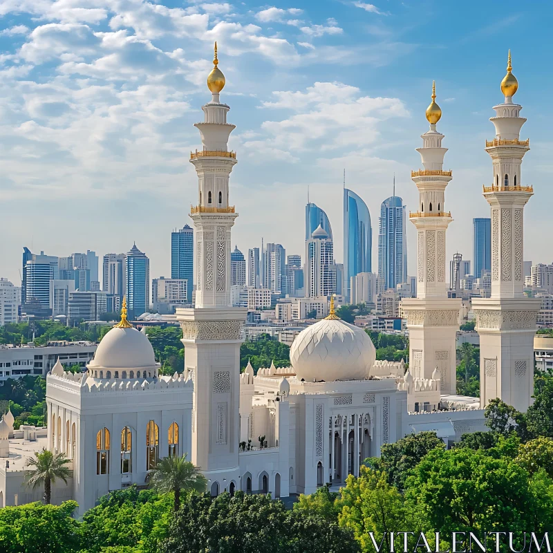 Mosque with Minarets and Modern Skyscrapers AI Image