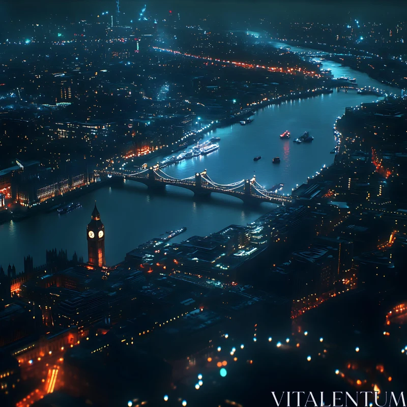 London Cityscape at Night with Thames River and Iconic Landmarks AI Image