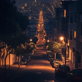 Illuminated Urban Street and Distant Skyline at Night