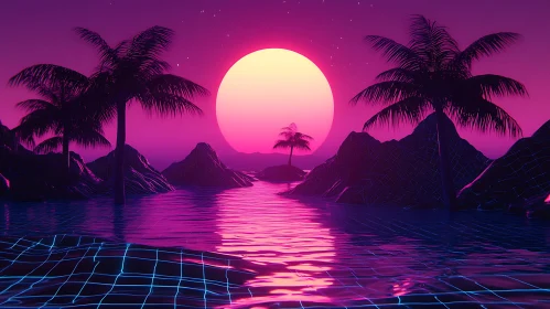 Retro-Futuristic Sunset with Palm Trees and Water