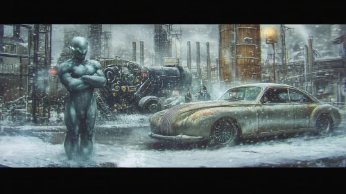 Cyborg in Winter Industrial Scene with Retro Car