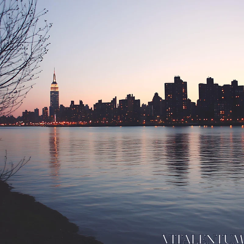 AI ART Urban Skyline at Sunset with Tranquil Water Reflections