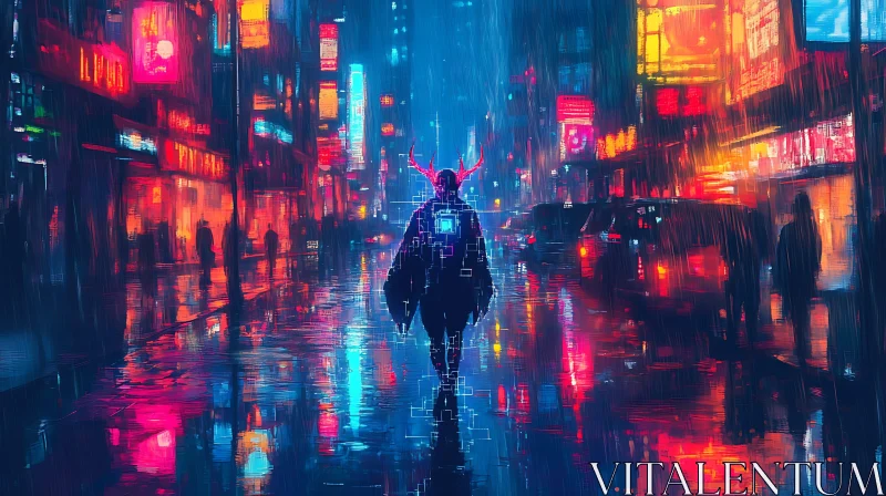 AI ART Neon-Lit Futuristic City Scene with Rain