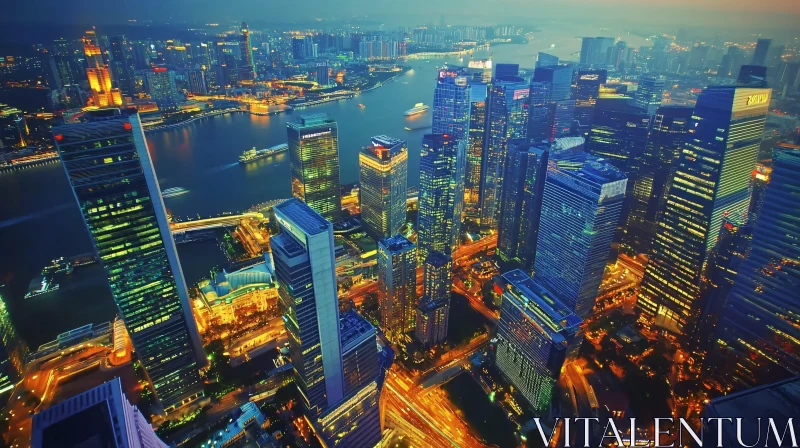 Cityscape with Shimmering Skyscrapers and River at Night AI Image