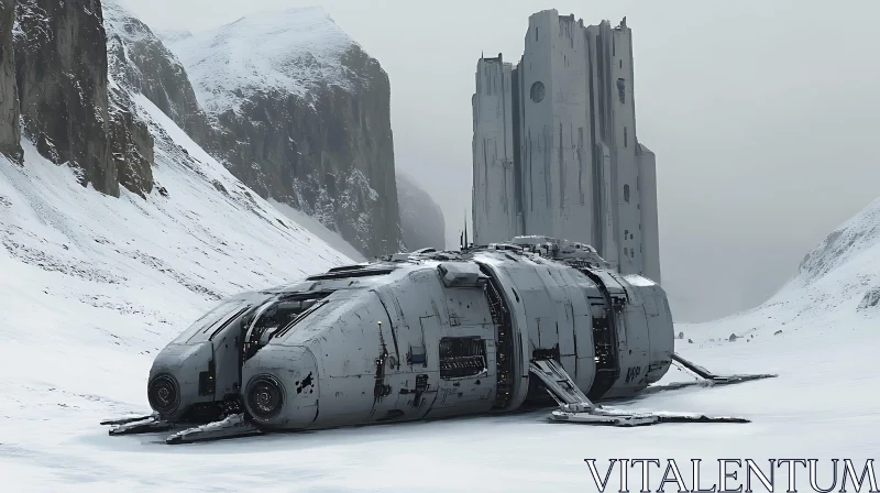 Desolate Sci-Fi Scene with Spaceship and Monolithic Structure AI Image