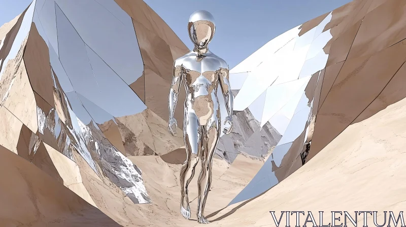 Chrome Humanoid Amidst Mirrored Desert Structures AI Image