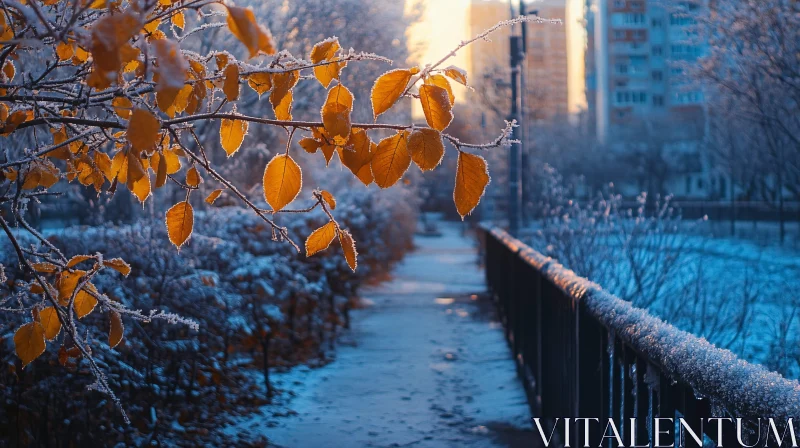 AI ART Urban Winter Wonderland With Frosted Leaves