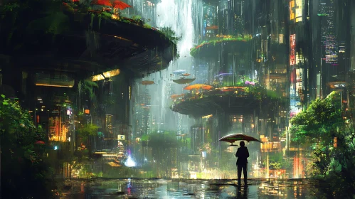 Cyberpunk City with Neon and Greenery