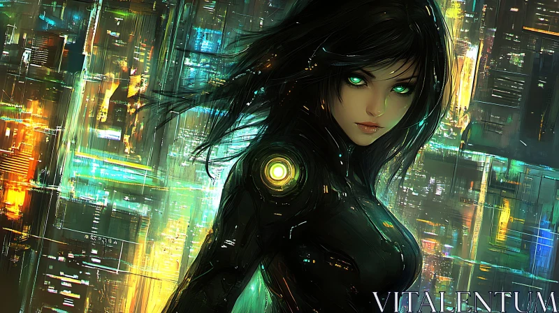 Cyberpunk Female Hero in High-Tech Environment AI Image