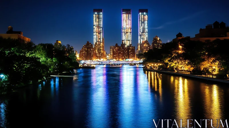 Nocturnal Urban Landscape with Illuminated Skyscrapers AI Image