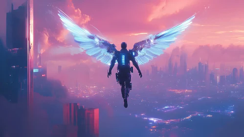 Cyborg Angel Over Futuristic Cityscape