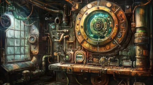 Steampunk Room with Complex Machinery and Circular Portal